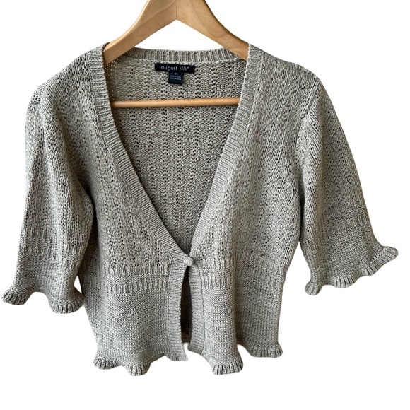 Vintage August Silk Tan Knit Ruffle Short Sleeve Shrug Cardigan Size Medium - Picture 9 of 11